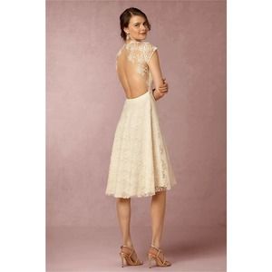 BHLDN SAU Lace Open Back Fit & Flare Dress Ivory Cream Midi